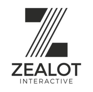 Zealot logo: The letter Z is arranges by black parallel bars connected by four thin black lines. "INTERACTIVE" sits below it. 