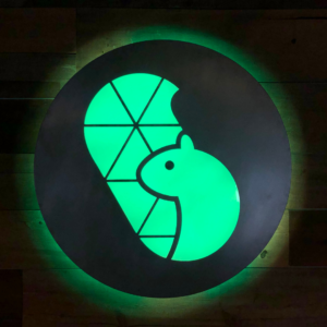 a green light shines through a Quilted Squirrel logo