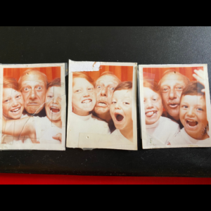 Happy Father's Day: Three different photos of three people: An 8-year-old red-headed girl, a balding man with a mustache, and a 5-year-old boy—all of whom are making silly faces or smiling in a 1990s-era photo booth.