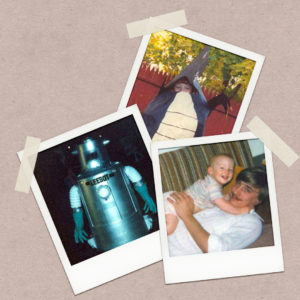Happy Father's Day: Three Polaroid photos display a sci-fi robot, a boy in a dragon's costume, and a mustachioed dad lying down while holding his smiling baby on his chest.