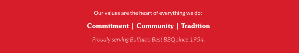 Chiavetta's Values: A red banner reads: Our values are at the heart of everything we do: Commitment. Community. Tradition. Proudly serving Buffalo's Best BBQ since 1954.