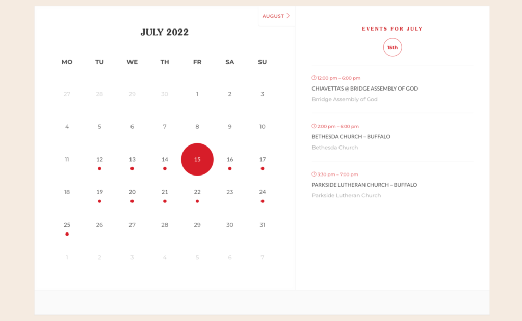 Chiavetta's Events Calendar: July 2022 marks a red dot over July 15 and lists three event locations on the right for "Events for July"