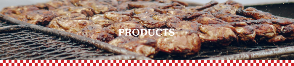 Chiavetta's Products: A background of grilled chicken, a red-and-white checkered border along the bottom, and "PRODUCTS" in bold white text upfront. 