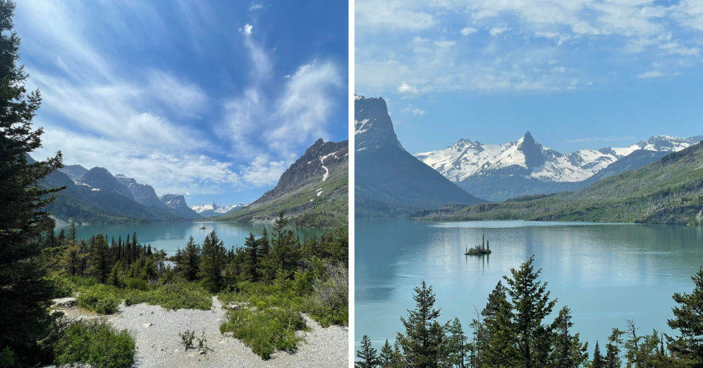 Snowcapped mountains appear on a distant horizon as cool mountain waters fill a large lake, with green treetops emerging in the foreground out West.