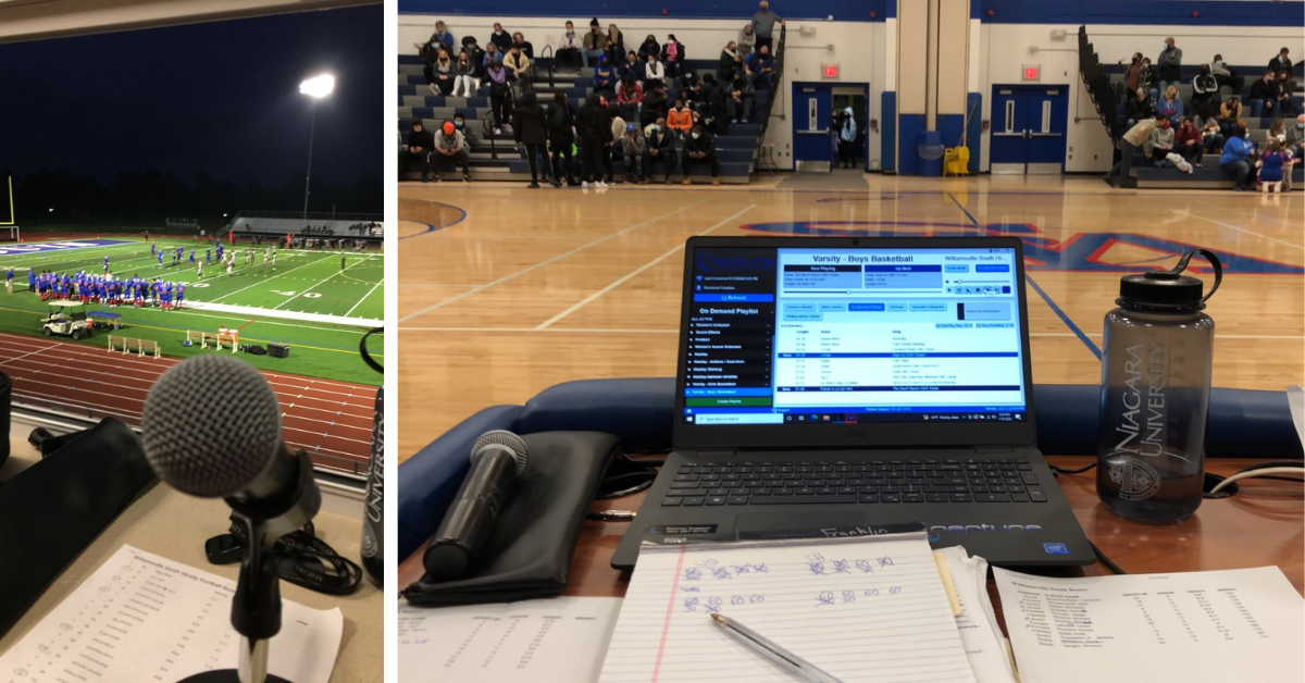 Pet Projects — LEFT: a microphone sits on an announcer's desk in a media booth overlooking an active football game at night. RIGHT: A microphone lays next to a laptop on an announcer's desk on the sideline of a high school basketball game. 