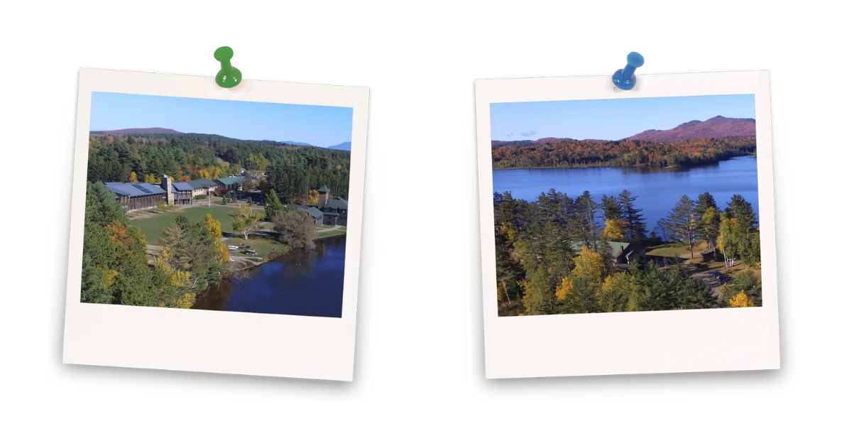 Two Polaroid-style photos of serene forest and lake views of Paul Smith's college campus.