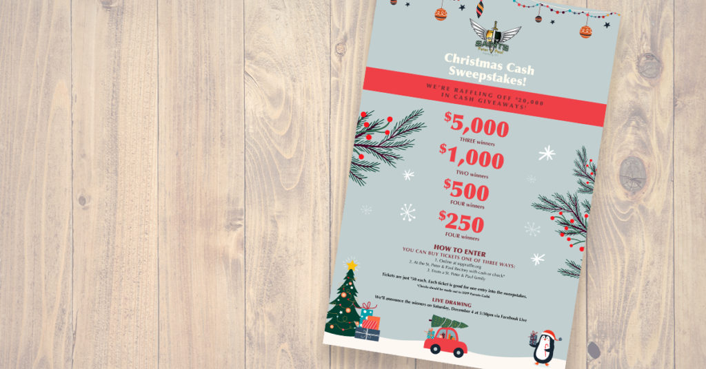 Quilted Squirrel in education: A Christmas-themed flyer displays various prices and potential prizes of raffle items, featuring images that include holly. Christmas trees, a red car carrying a Christmas tree, and a penguin wearing a Santa hat. 