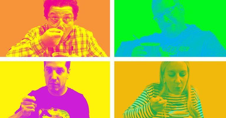 TQSD takes on soup: Four technicolor quadrants display four TQS staffers eating soup: James, Jerry, Steve, and Lisa.