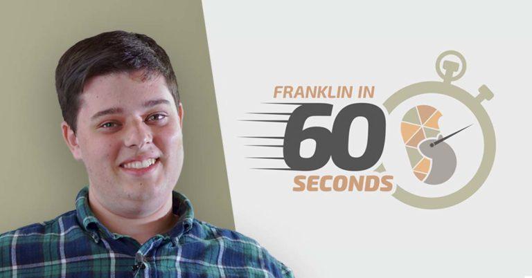 Franklin, a young man with dark hair and eyes, wears a blue and green flannel shirt. He is positioned next to an illustration of a stopwatch in which sits the Quilted Squirrel icon. A headline reads, "FRANKLIN IN 60 SECONDS."