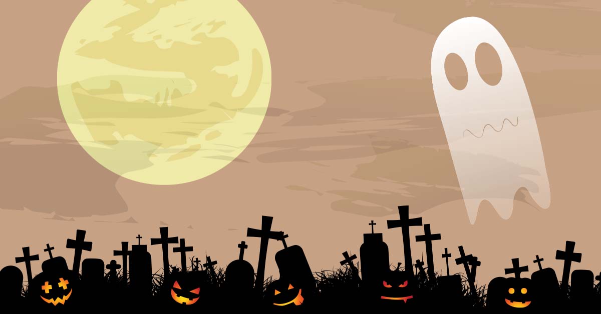 TQS takes on the supernatural: Tombstones and jack-o-lanterns sit beneath a full moon as a ghost rises amid the mist of a spooky cemetery.