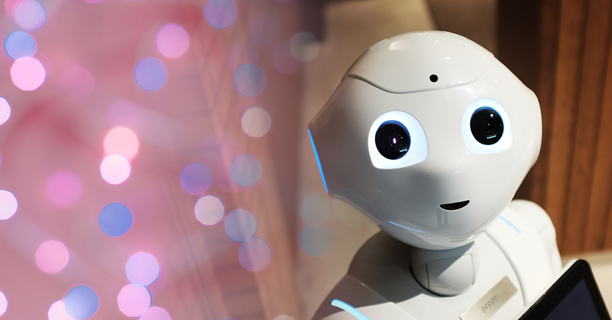 TQS takes on 2032: A white robot holds a smart tablet in front of a pink and blue speckled background