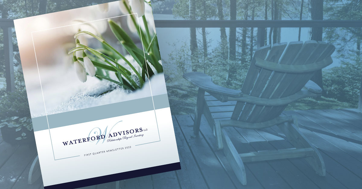 Waterford Advisors: An image of a printed newsletter appears on top of a blue-hued background of Adirondack chairs on a lake.