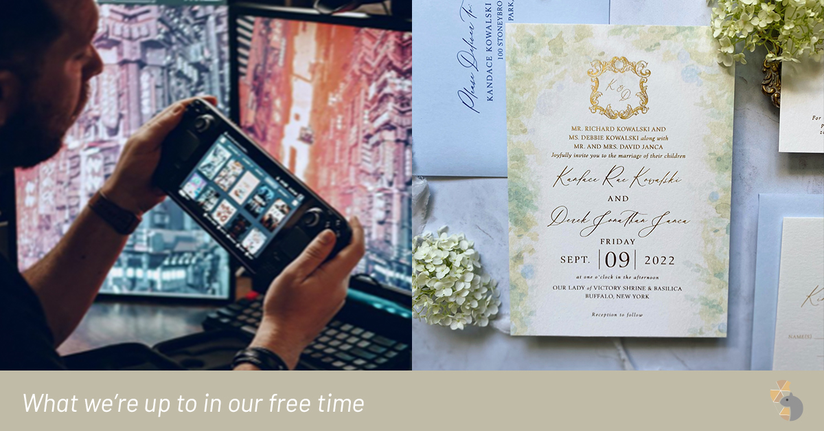 TQS Pet Projects: LEFT: A man looks at a portable gaming system. RIGHT: A nondescript wedding invitation