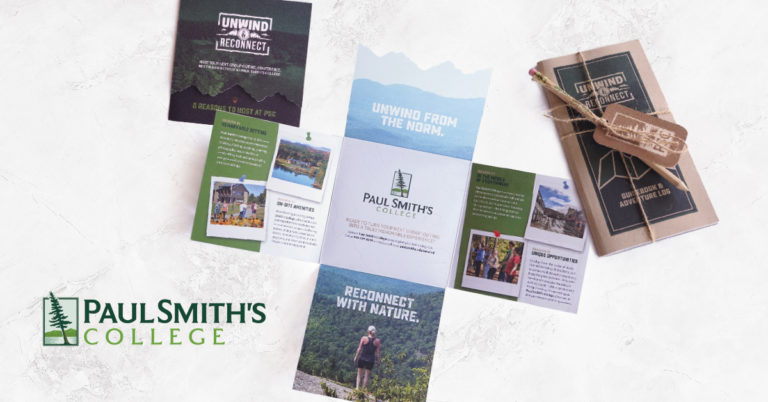 Paul Smith's College: A collection of nondescript print pieces rest on top of a white background.