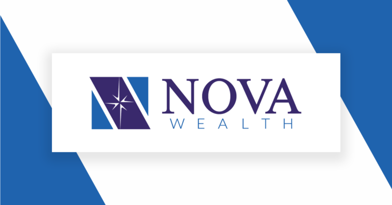 Nova Wealth: A purple and blue logo on a white and blue background.