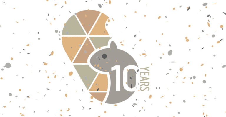 10 Years of Quilted Squirrel! Confetti falls on the Quilted Squirrel logo, a bron and gray squirrel, with "10 years" embedded onto it.