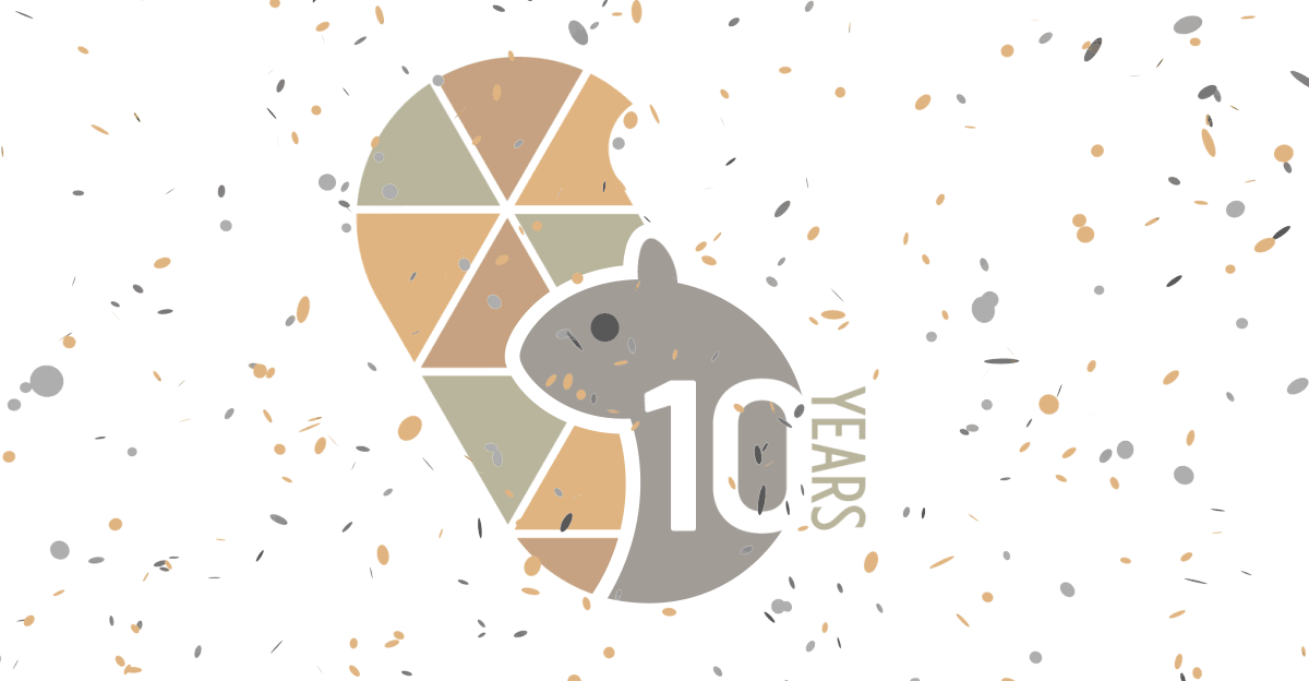 10 Years of Quilted Squirrel! Confetti falls on the Quilted Squirrel logo, a bron and gray squirrel, with "10 years" embedded onto it.