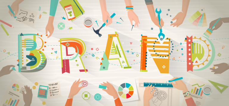 BRANDING - cartoon looking image of various hands contributing to all aspects that make a brand successful