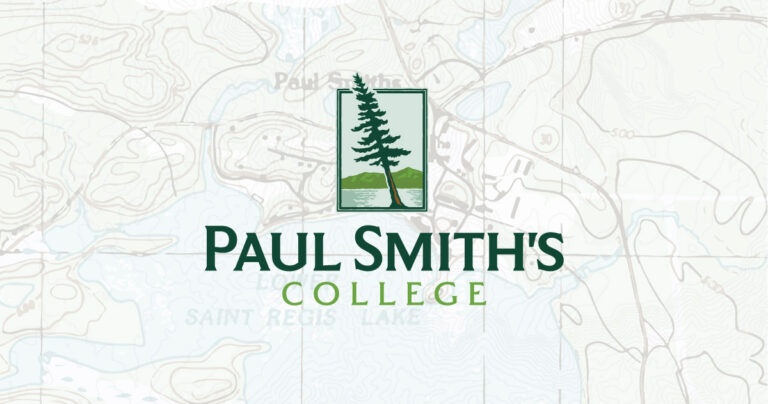 Paul Smith's College logo with an illustrated topographic map background