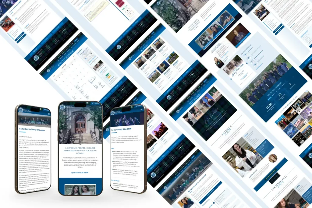 A variety of desktop and mobile screenshots of the new Mount St. Mary academy website.